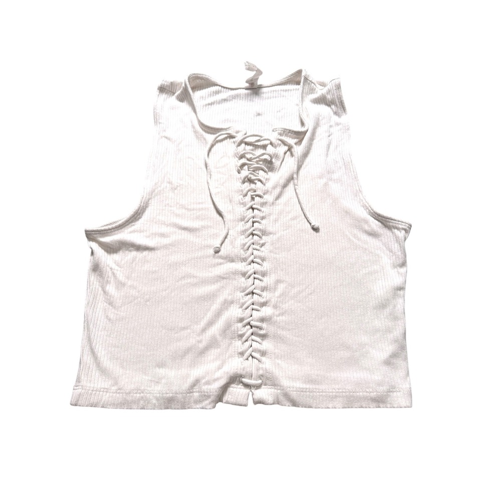 Daily Practice Anthropologie White Lace Up Ribbed Knit Crop Tank Top Womens S - Picture 1 of 5